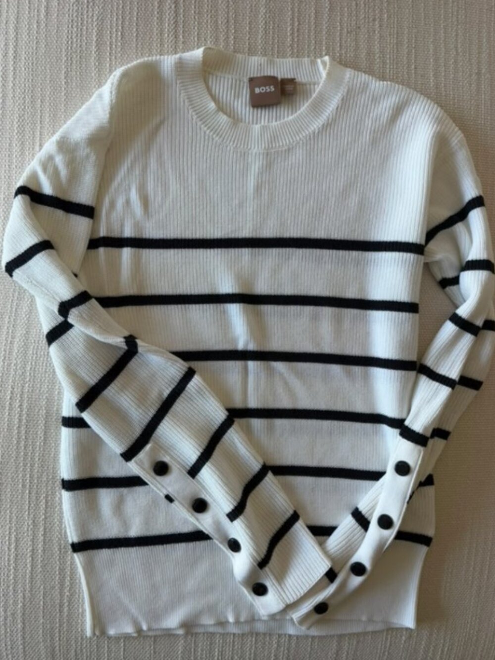 BOSS White and Black Striped Sweater Button Sleeve Detail